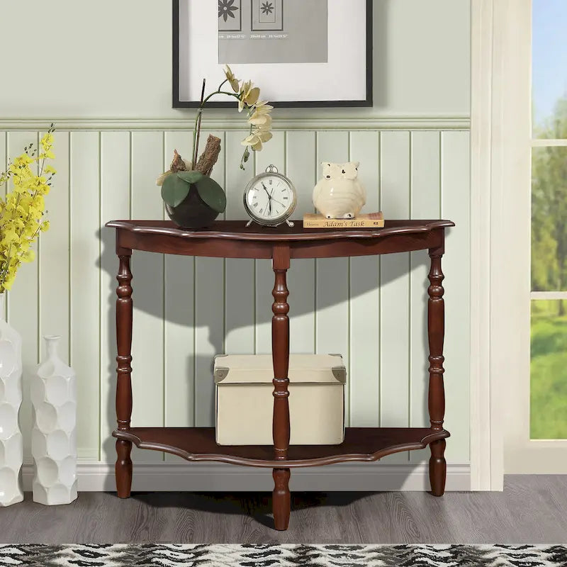 42 Table console demi-lune incurvée rétro avec plateau motif nuage et étagère ouverte, structure et pieds en bois massif