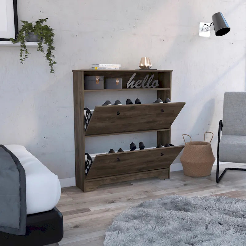 Meuble à chaussures marron foncé avec étagère ouverte et 2 étagères extensibles - Rangement d'entrée