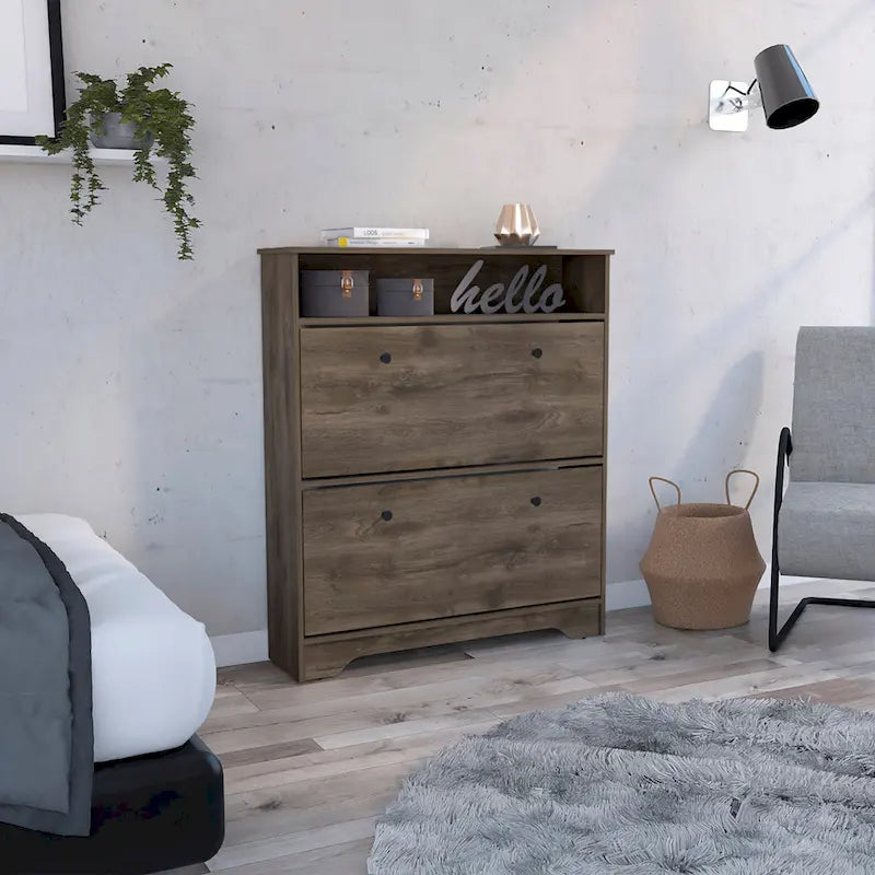 Meuble à chaussures marron foncé avec étagère ouverte et 2 étagères extensibles - Rangement d'entrée
