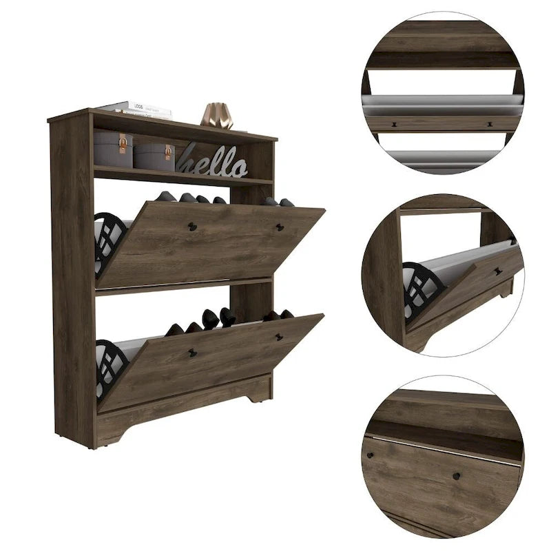 Meuble à chaussures marron foncé avec étagère ouverte et 2 étagères extensibles - Rangement d'entrée