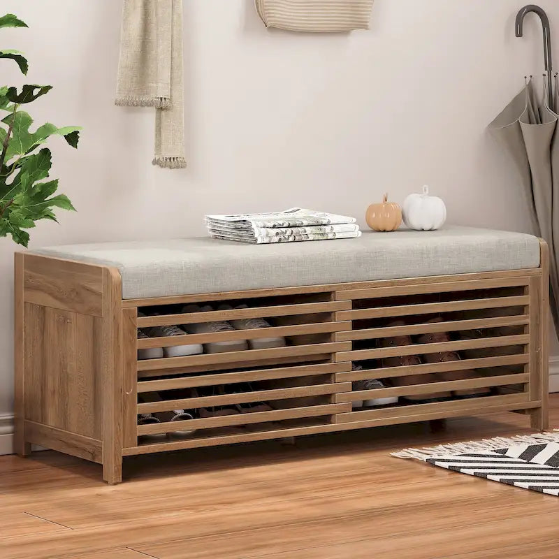 Meuble à chaussures pour entrée, banc de rangement à volets vieillis avec placage d'acacia pour un charme rétro pour salon, entrée