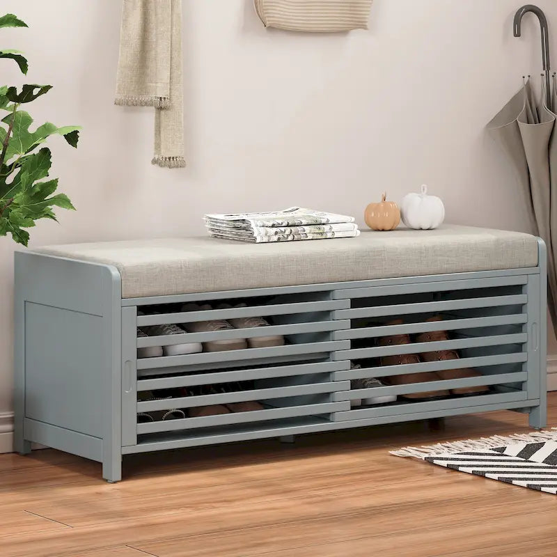 Meuble à chaussures pour entrée, banc de rangement à volets vieillis avec placage d'acacia pour un charme rétro pour salon, entrée