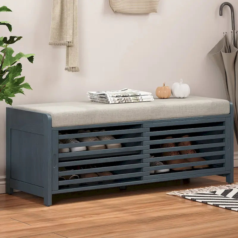 Meuble à chaussures pour entrée, banc de rangement à volets vieillis avec placage d'acacia pour un charme rétro pour salon, entrée
