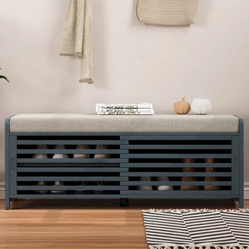 Meuble à chaussures pour entrée, banc de rangement à volets vieillis avec placage d'acacia pour un charme rétro pour salon, entrée