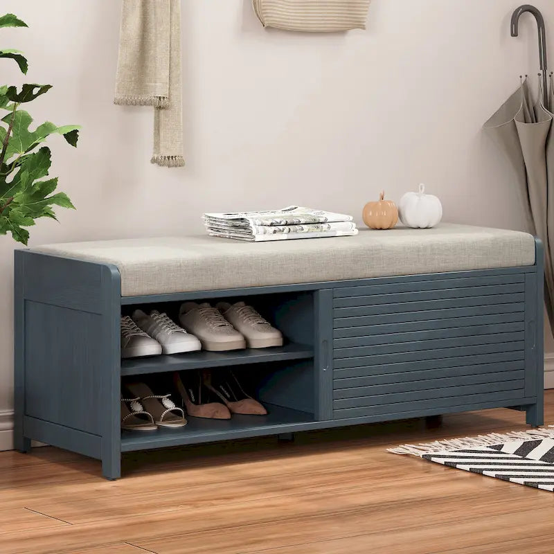 Meuble à chaussures pour entrée, banc de rangement à volets vieillis avec placage d'acacia pour un charme rétro pour salon, entrée