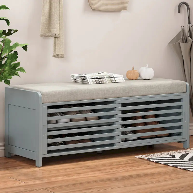 Meuble à chaussures pour entrée, banc de rangement à volets vieillis avec placage d'acacia pour un charme rétro pour salon, entrée