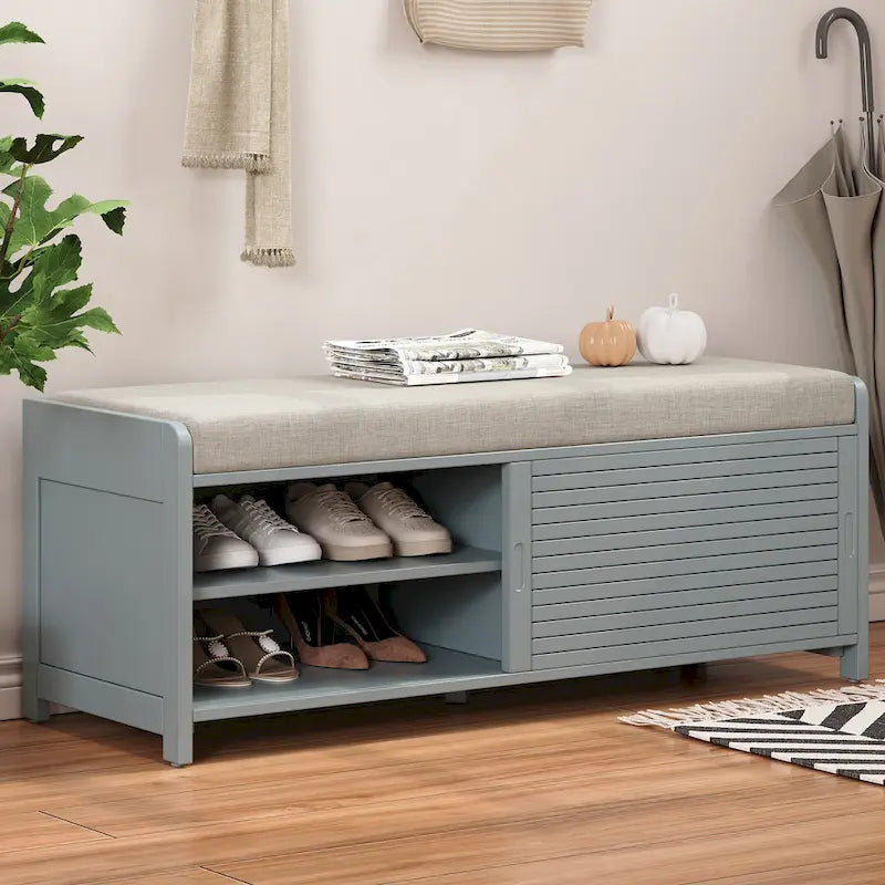 Meuble à chaussures pour entrée, banc de rangement à volets vieillis avec placage d'acacia pour un charme rétro pour salon, entrée