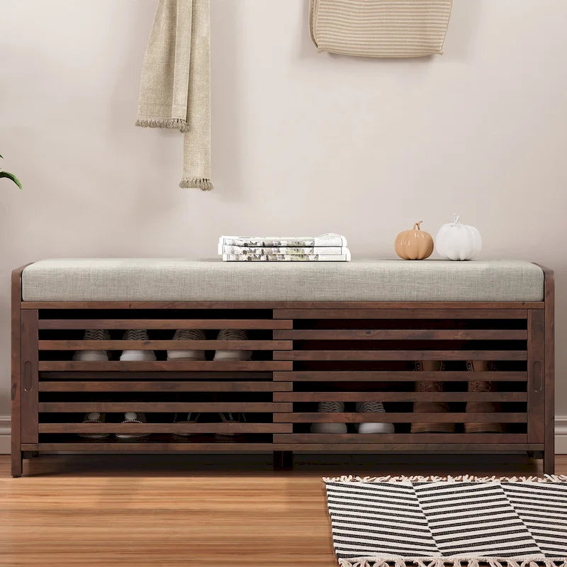 Meuble à chaussures pour entrée, banc de rangement à volets vieillis avec placage d'acacia pour un charme rétro pour salon, entrée