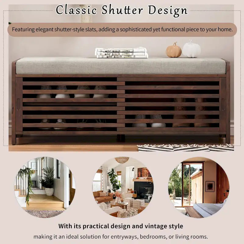 Meuble à chaussures pour entrée, banc de rangement à volets vieillis avec placage d'acacia pour un charme rétro pour salon, entrée