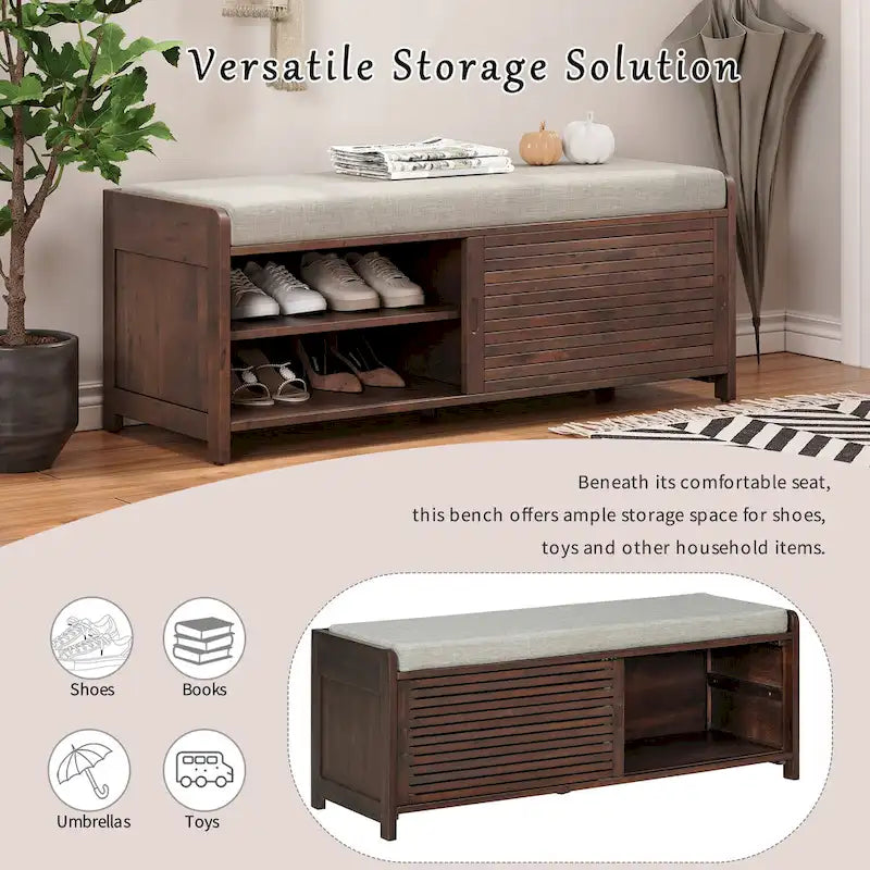 Meuble à chaussures pour entrée, banc de rangement à volets vieillis avec placage d'acacia pour un charme rétro pour salon, entrée