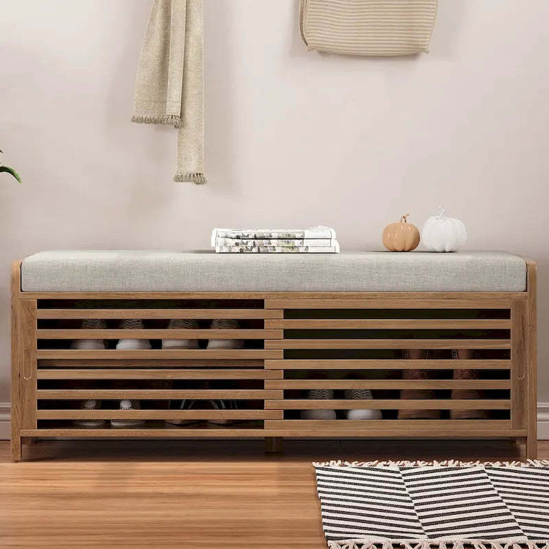 Meuble à chaussures pour entrée, banc de rangement à volets vieillis avec placage d'acacia pour un charme rétro pour salon, entrée