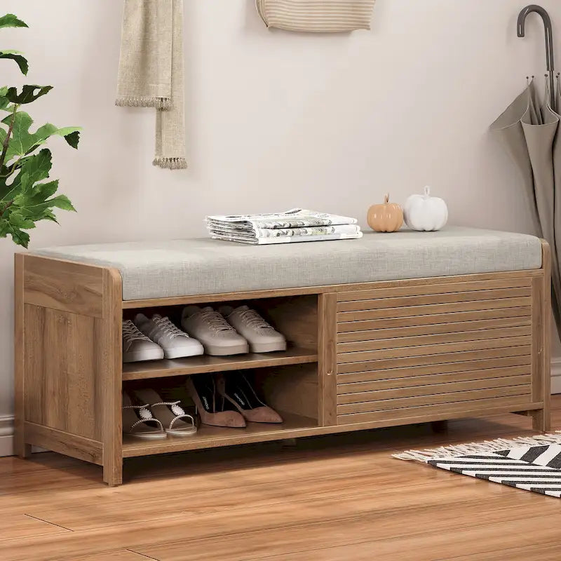 Meuble à chaussures pour entrée, banc de rangement à volets vieillis avec placage d'acacia pour un charme rétro pour salon, entrée