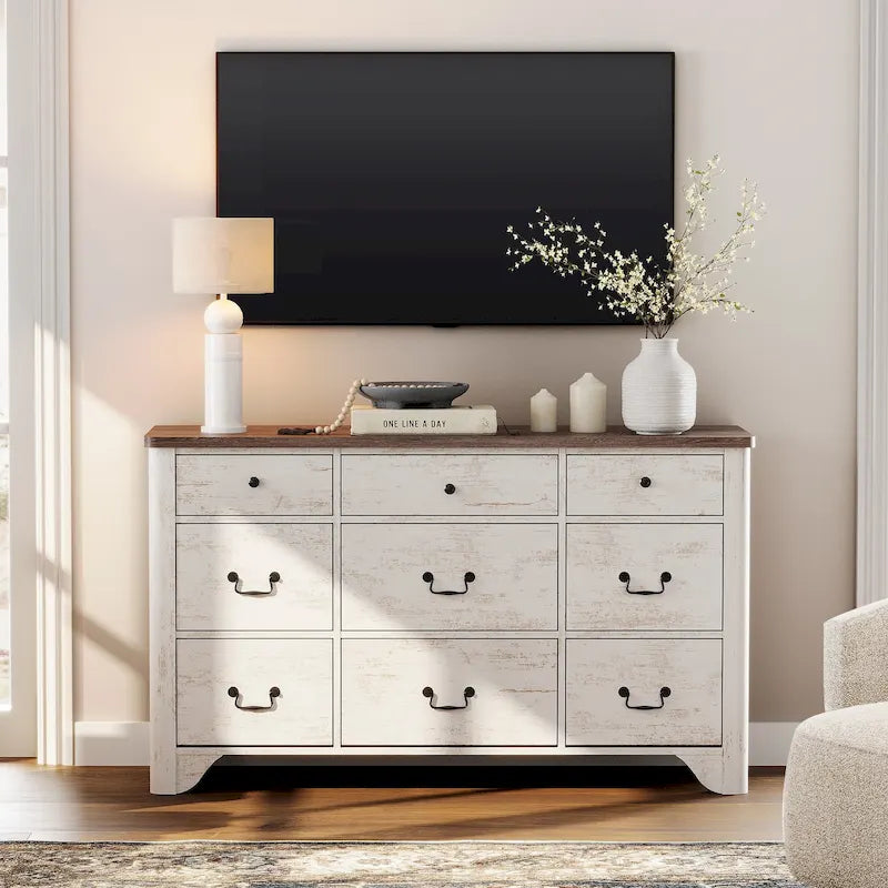 Meuble TV de commode blanc de style champêtre de 136 cm avec bord incurvé et large commode à tiroirs