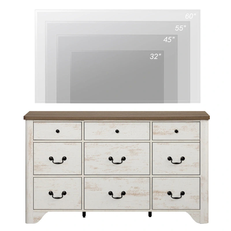 Meuble TV de commode blanc de style champêtre de 136 cm avec bord incurvé et large commode à tiroirs