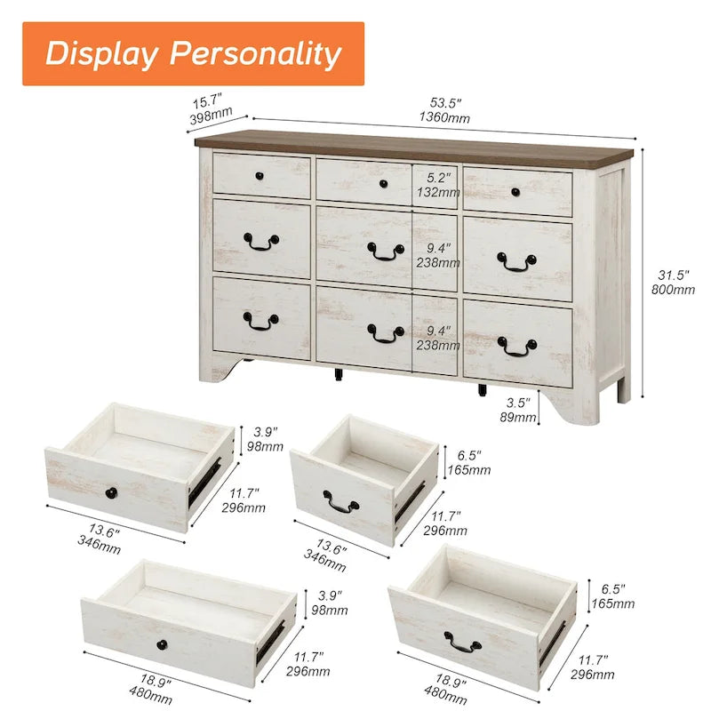Meuble TV de commode blanc de style champêtre de 136 cm avec bord incurvé et large commode à tiroirs