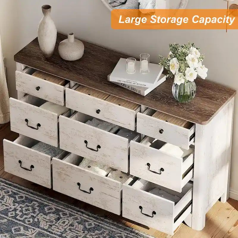 Meuble TV de commode blanc de style champêtre de 136 cm avec bord incurvé et large commode à tiroirs