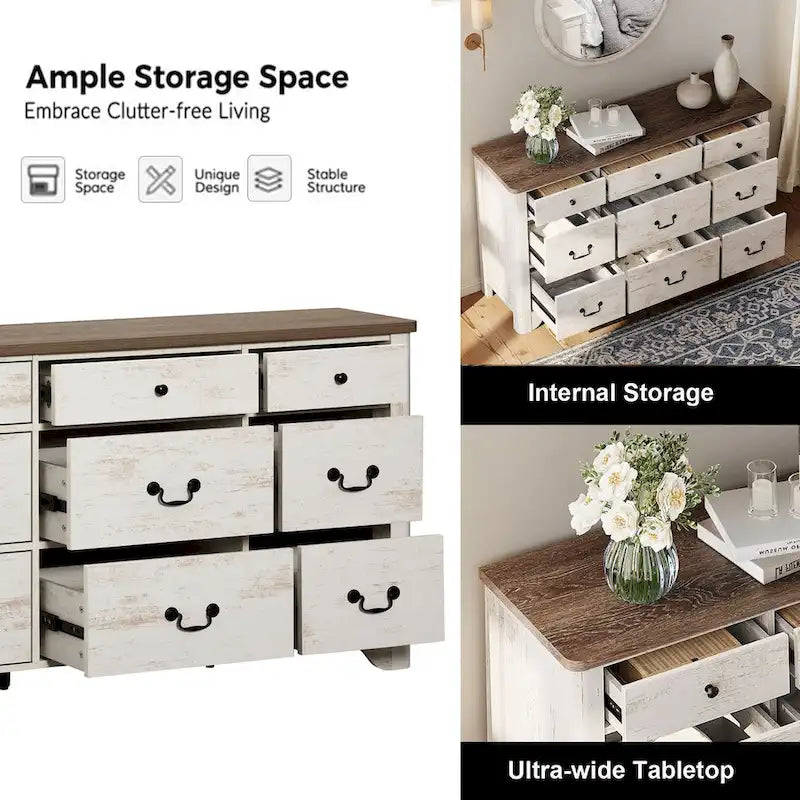 Meuble TV de commode blanc de style champêtre de 136 cm avec bord incurvé et large commode à tiroirs