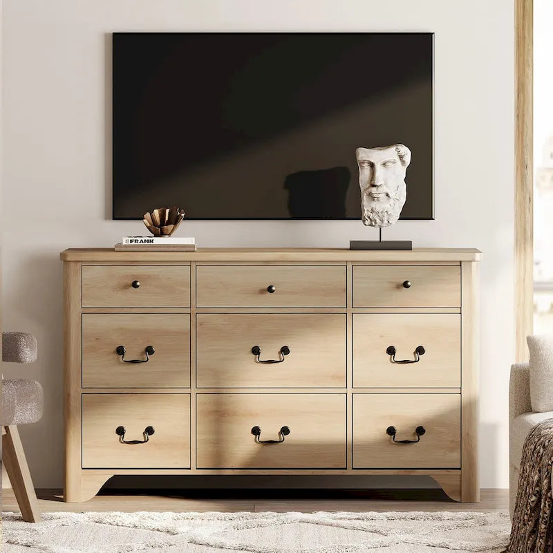 Meuble TV de commode blanc de style champêtre de 136 cm avec bord incurvé et large commode à tiroirs