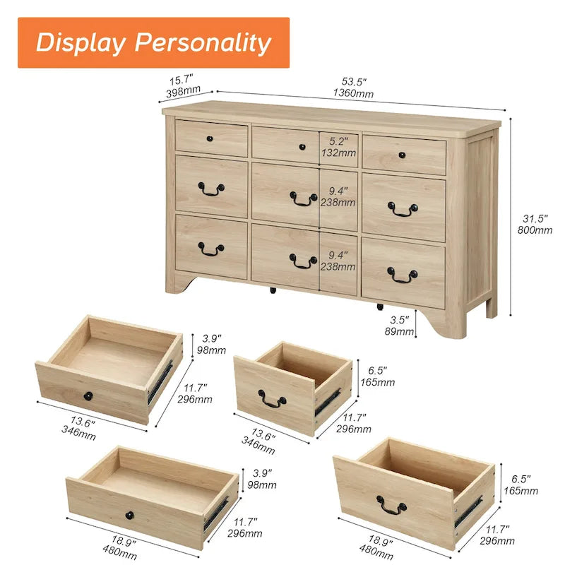 Meuble TV de commode blanc de style champêtre de 136 cm avec bord incurvé et large commode à tiroirs