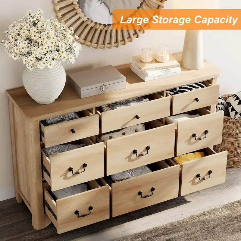 Meuble TV de commode blanc de style champêtre de 136 cm avec bord incurvé et large commode à tiroirs