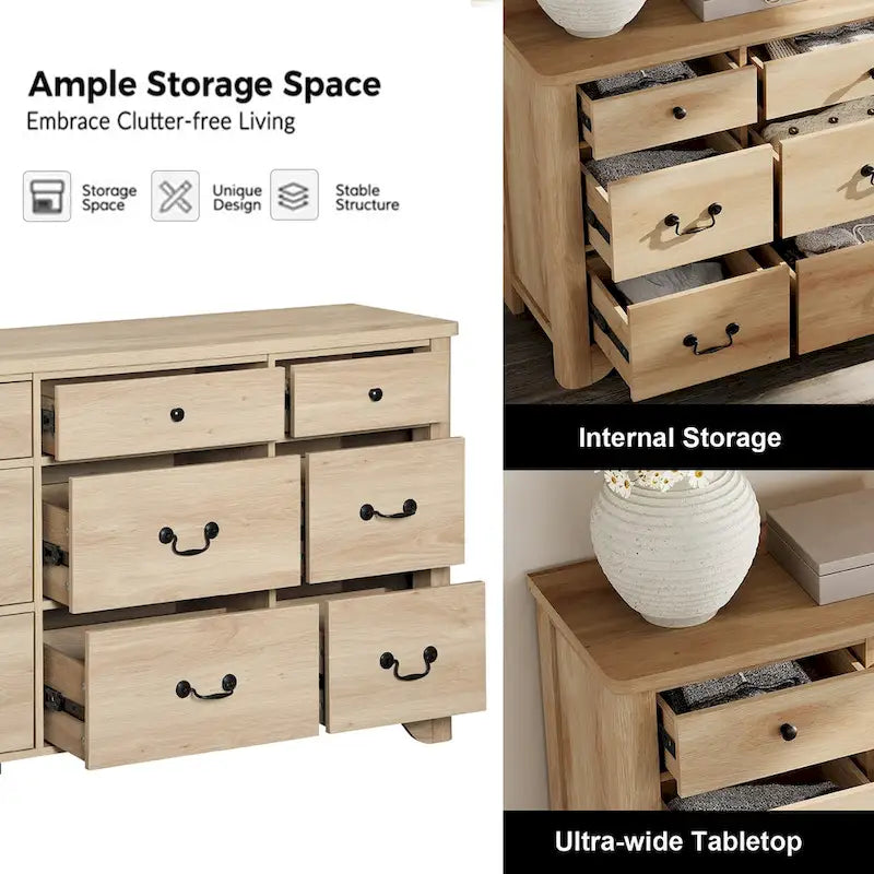 Meuble TV de commode blanc de style champêtre de 136 cm avec bord incurvé et large commode à tiroirs