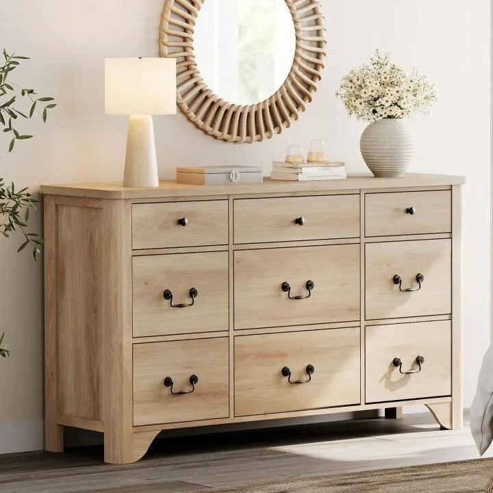 Meuble TV de commode blanc de style champêtre de 136 cm avec bord incurvé et large commode à tiroirs