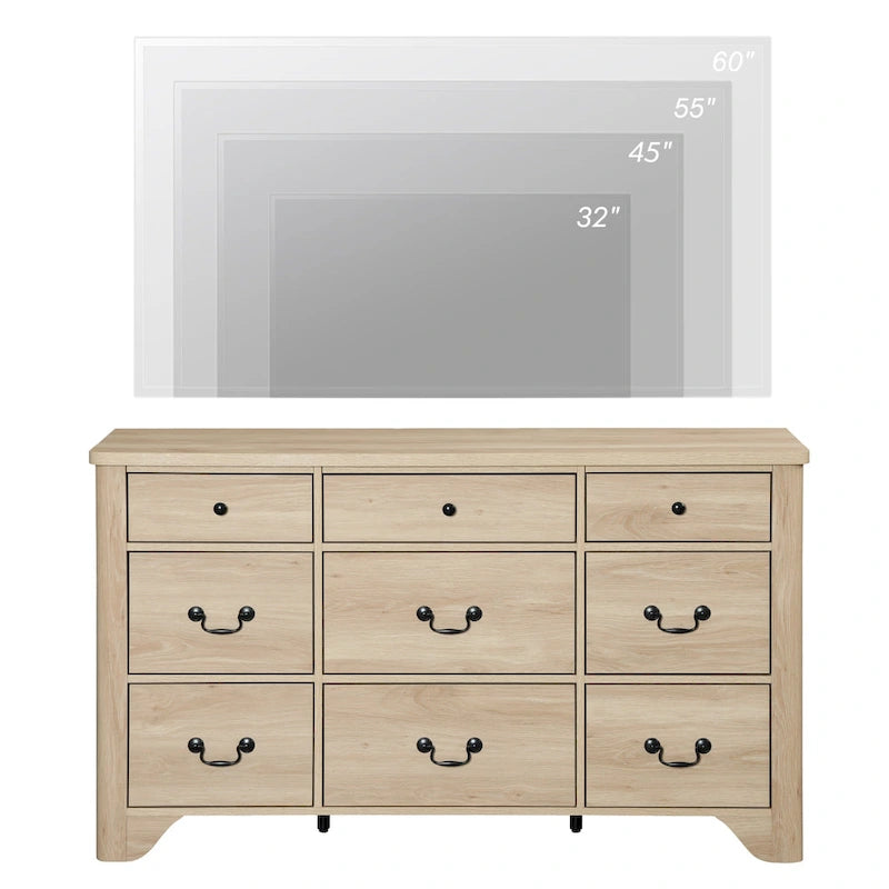 Meuble TV de commode blanc de style champêtre de 136 cm avec bord incurvé et large commode à tiroirs