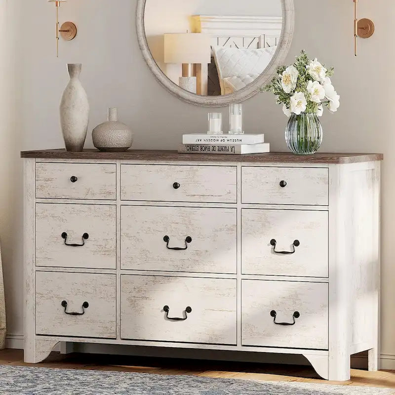 Meuble TV de commode blanc de style champêtre de 136 cm avec bord incurvé et large commode à tiroirs
