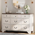 Meuble TV de commode blanc de style champêtre de 136 cm avec bord incurvé et large commode à tiroirs