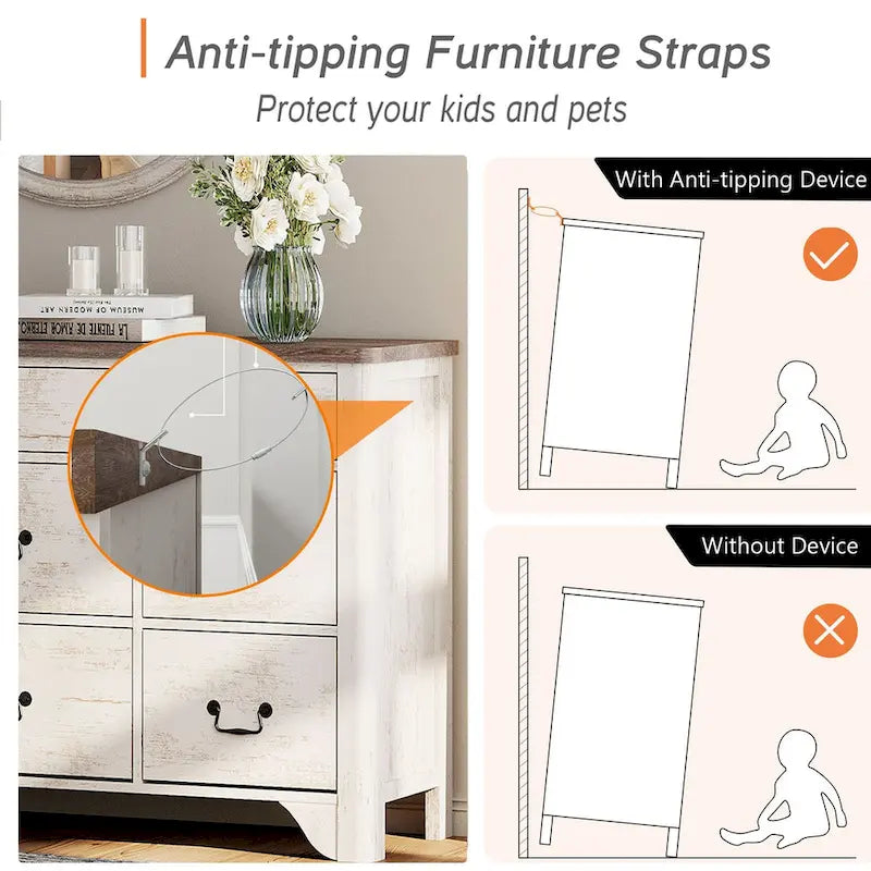 Meuble TV de commode blanc de style champêtre de 136 cm avec bord incurvé et large commode à tiroirs