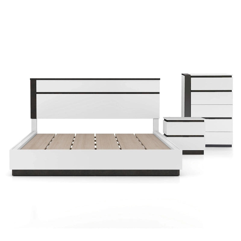 Ensemble de chambre à coucher 3 pièces en bois blanc - Lit, commode et table de chevet modernes