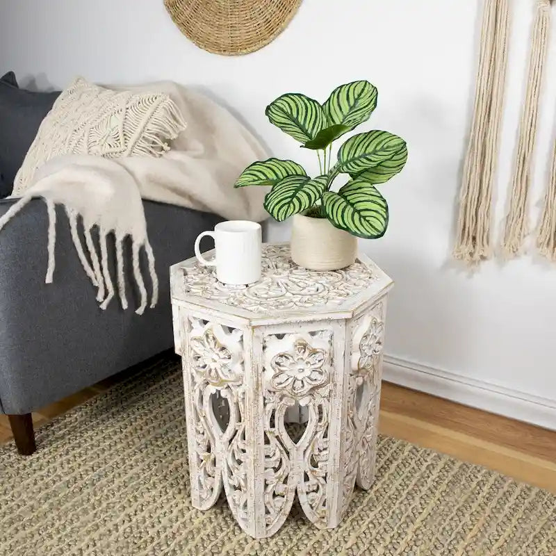 Table d'appoint octogonale sculptée 18 blanc antique et or brossé