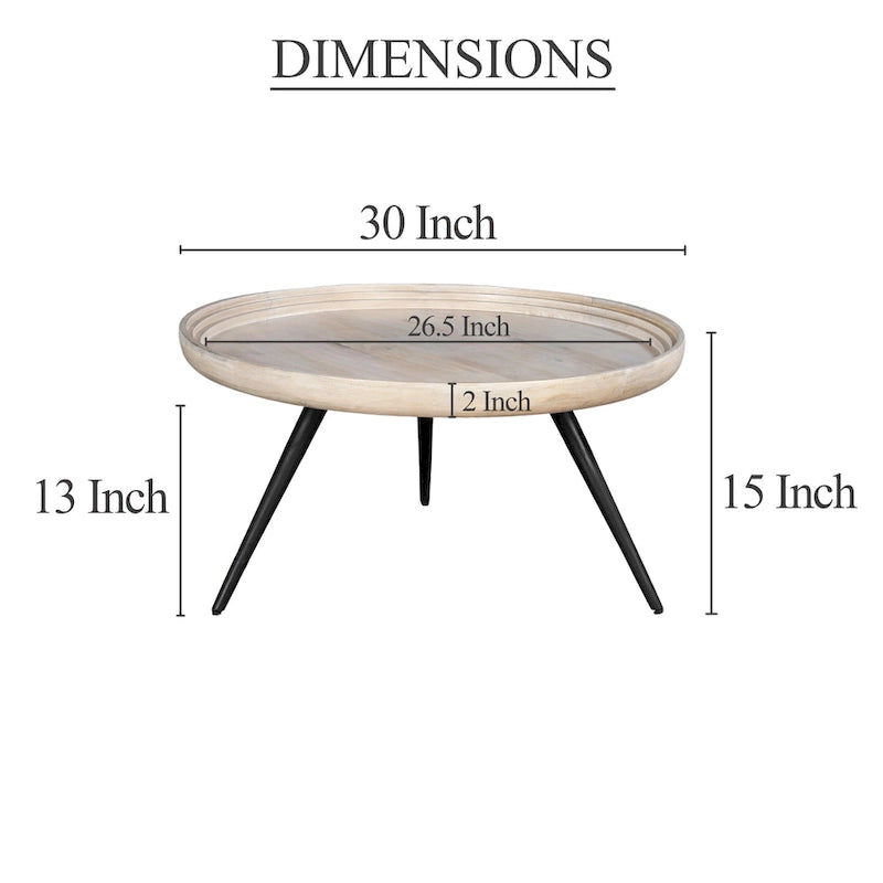 Table basse ronde de 30 po avec plateau amovible – Bois de manguier blanc lavé fait à la main