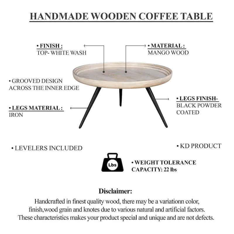 Table basse ronde de 30 po avec plateau amovible – Bois de manguier blanc lavé fait à la main