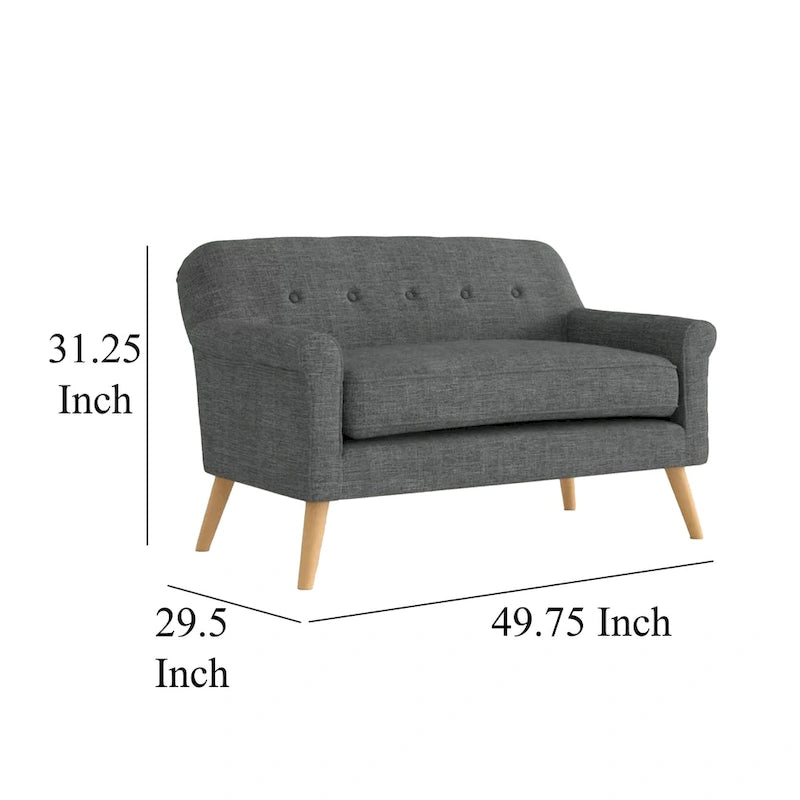 Causeuse, 50 po, Tissu lisse en polyester capitonné gris, Bois brun naturel