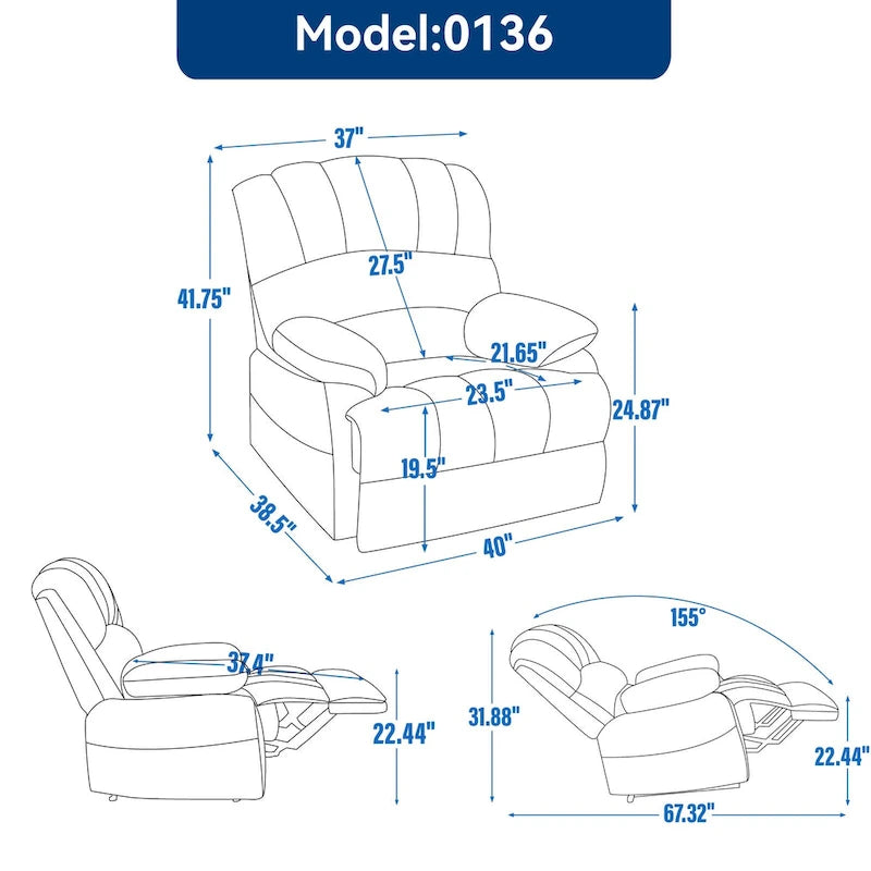 Fauteuil inclinable manuel surdimensionné en tissu pour salon, réglable, avec levier latéral