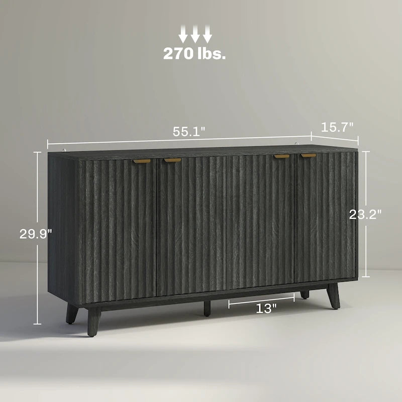 Buffet enfilade moderne cannelé de 140 cm avec poignées dorées et 5 pieds