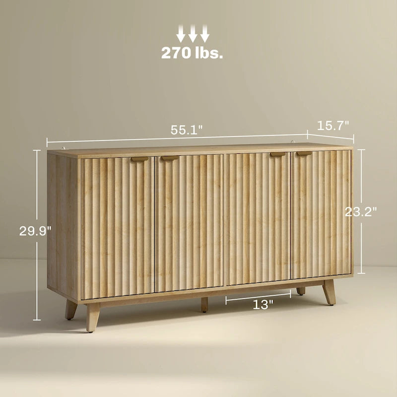 HOMCOM Fluted Sideboard Buffet Cabinet, 55 Modern Accent Console Cabinet with 4 Doors, 2 Adjustable Shelves and 5 Wood Legs