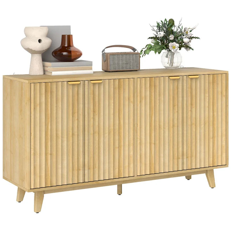 Buffet enfilade moderne cannelé de 140 cm avec poignées dorées et 5 pieds
