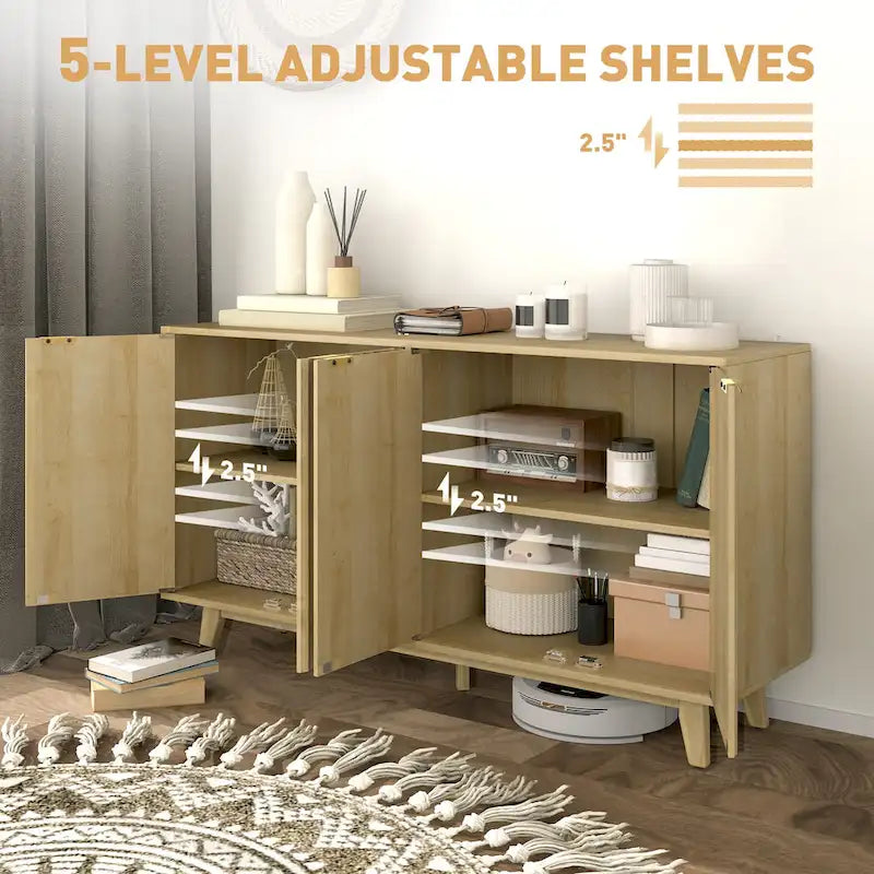Buffet enfilade moderne cannelé de 140 cm avec poignées dorées et 5 pieds