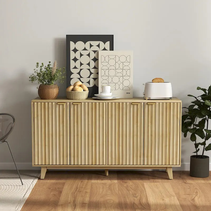 Buffet enfilade moderne cannelé de 140 cm avec poignées dorées et 5 pieds