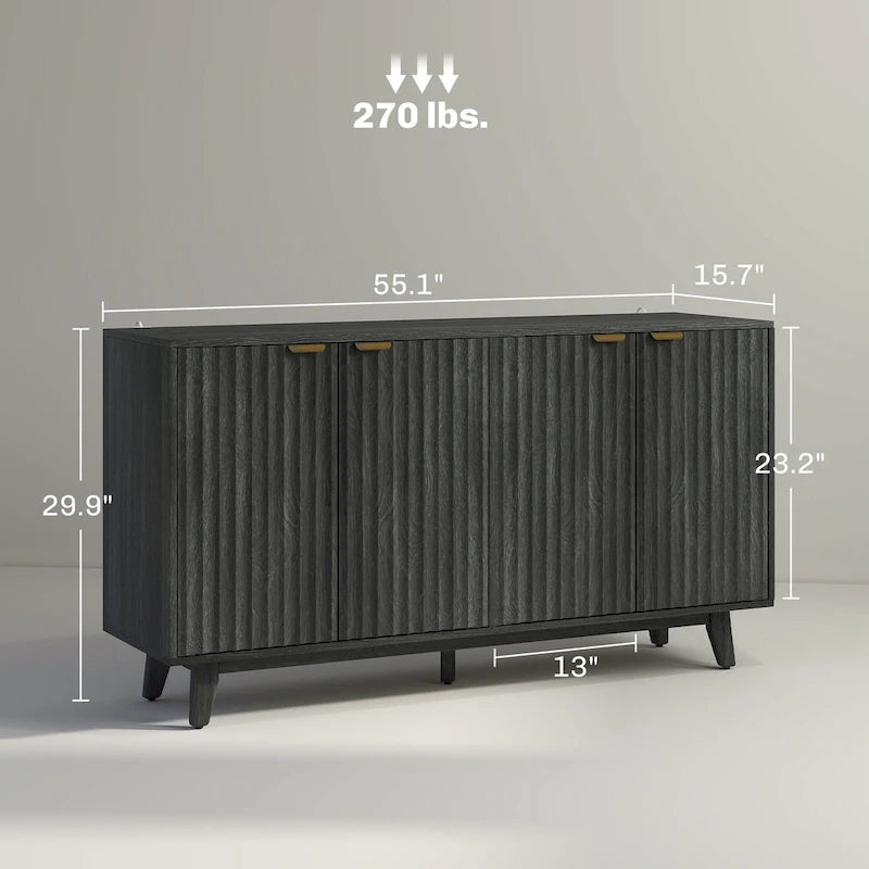 Buffet enfilade moderne cannelé de 140 cm avec poignées dorées et 5 pieds