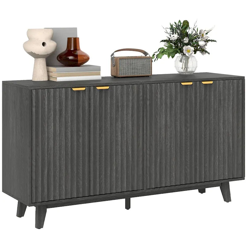 Buffet enfilade moderne cannelé de 140 cm avec poignées dorées et 5 pieds