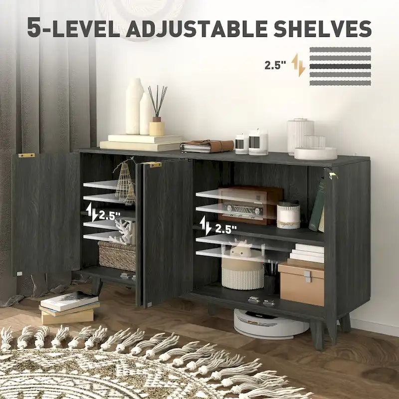 Buffet enfilade moderne cannelé de 140 cm avec poignées dorées et 5 pieds