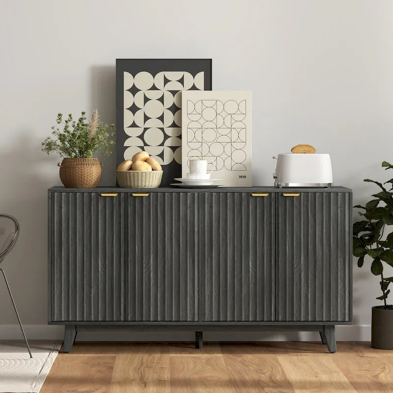 Buffet enfilade moderne cannelé de 140 cm avec poignées dorées et 5 pieds