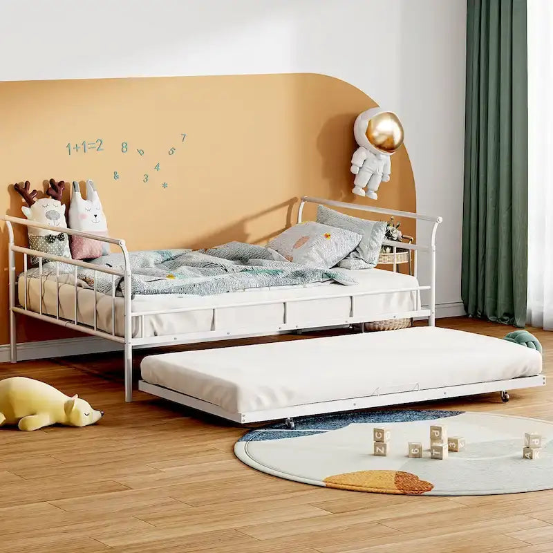Lit de repos en métal avec tête de lit en forme de maison et lit gigogne double – Cadre de lit pour chambre d'enfants