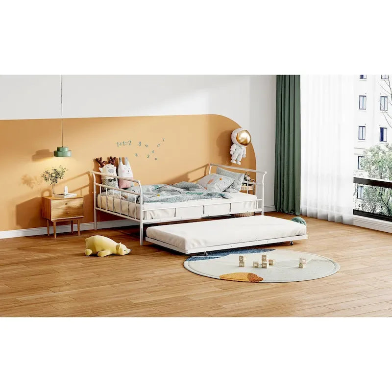 Lit de repos en métal avec tête de lit en forme de maison et lit gigogne double – Cadre de lit pour chambre d'enfants