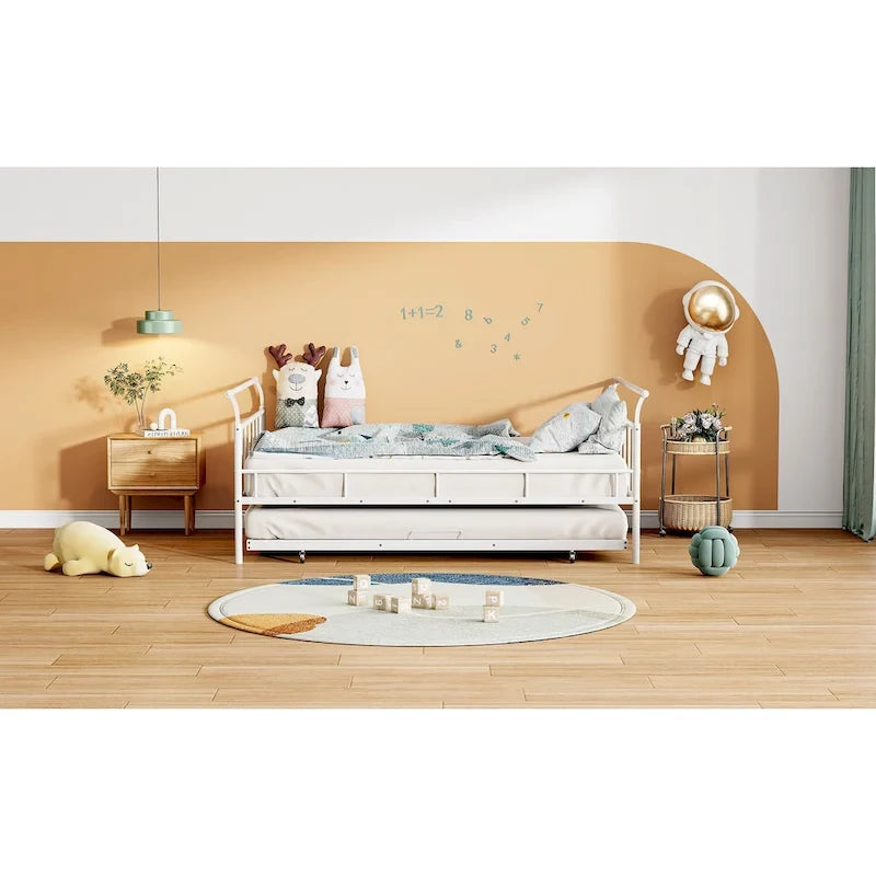 Lit de repos en métal avec tête de lit en forme de maison et lit gigogne double – Cadre de lit pour chambre d'enfants