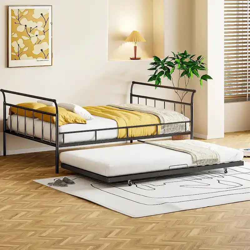 Lit de repos en métal avec tête de lit en forme de maison et lit gigogne double – Cadre de lit pour chambre d'enfants