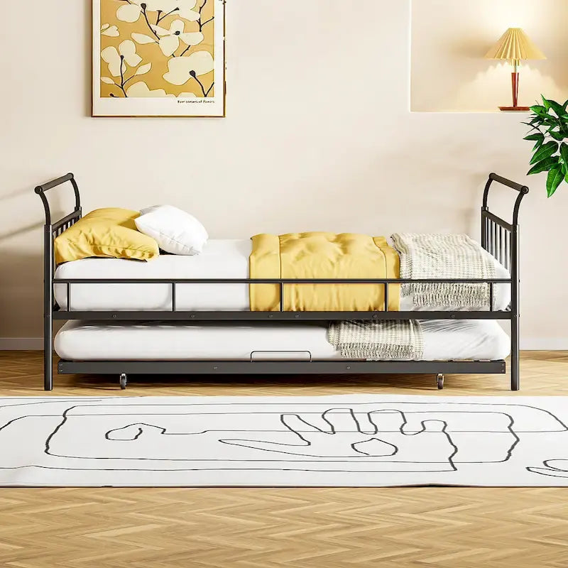 Lit de repos en métal avec tête de lit en forme de maison et lit gigogne double – Cadre de lit pour chambre d'enfants